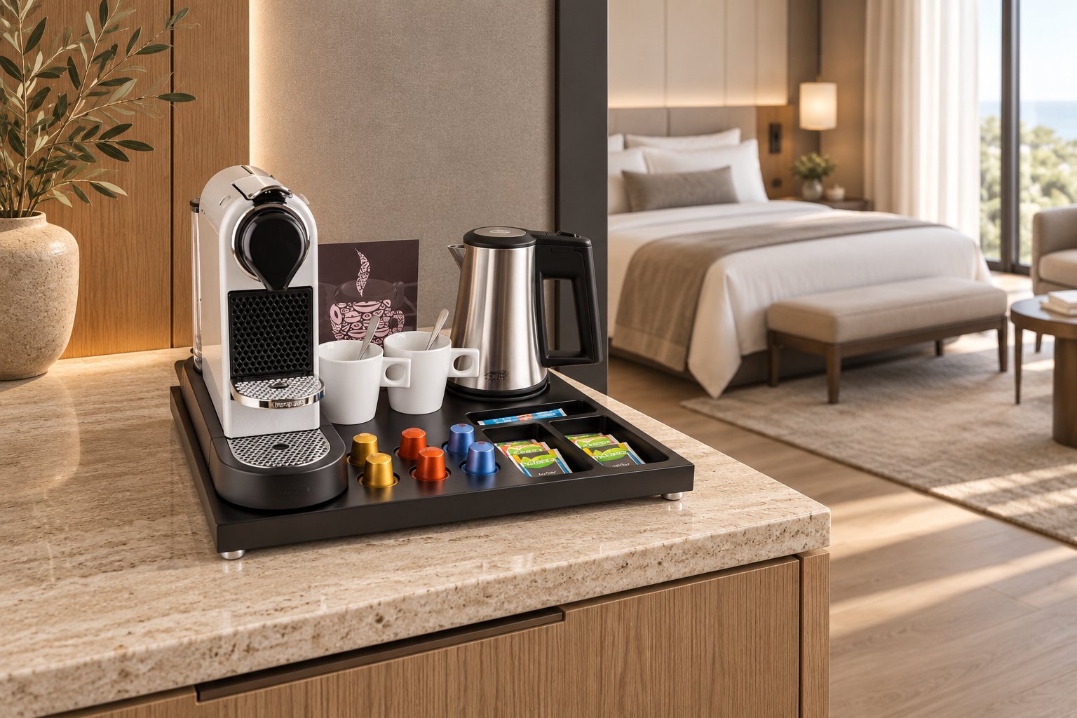 B‑TRAY Supreme welcome tray with kettle in a hotel room