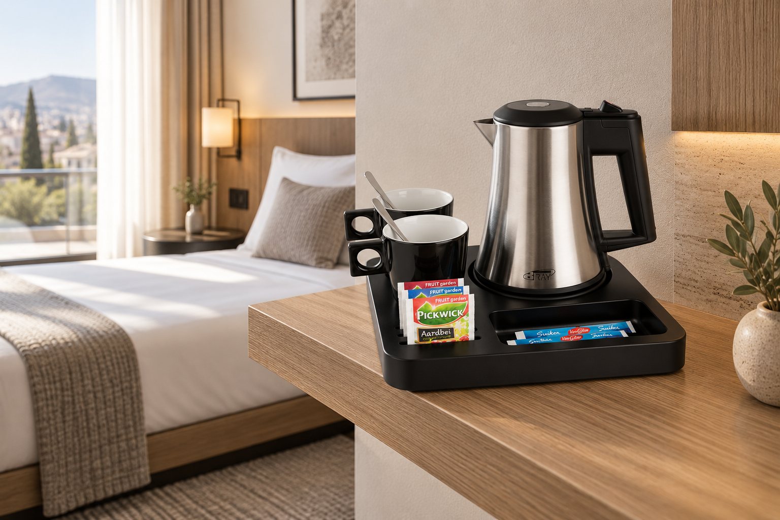 B‑TRAY Slim welcome tray with kettle in a hotel room