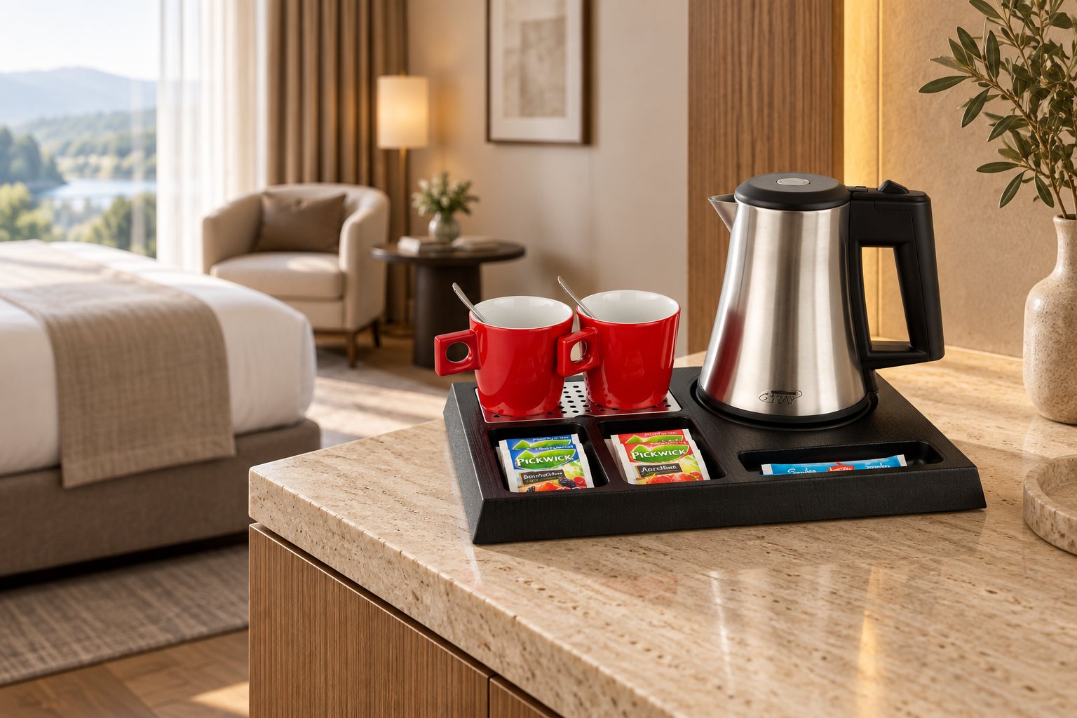 B‑TRAY Stay welcome tray with kettle in a hotel room