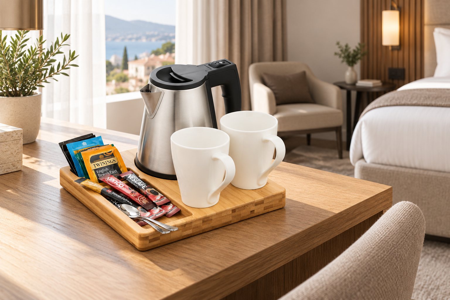 Emberton Tongwell natural welcome tray with kettle in a hotel room