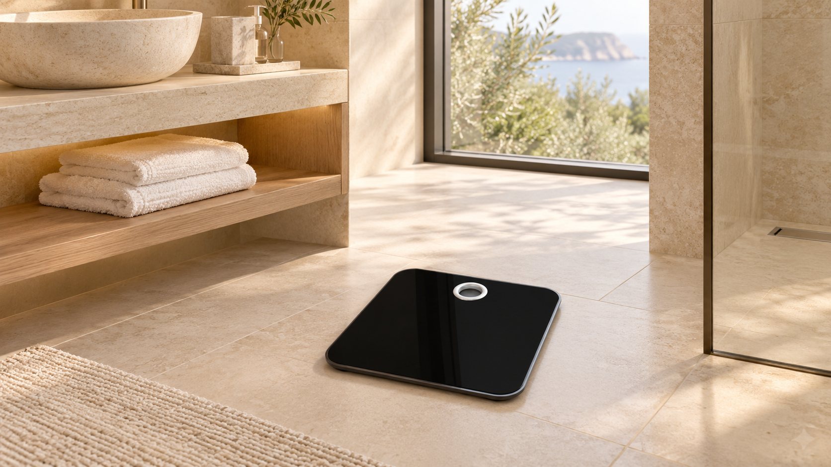 B‑TRAY glass bathroom scale in a hotel bathroom