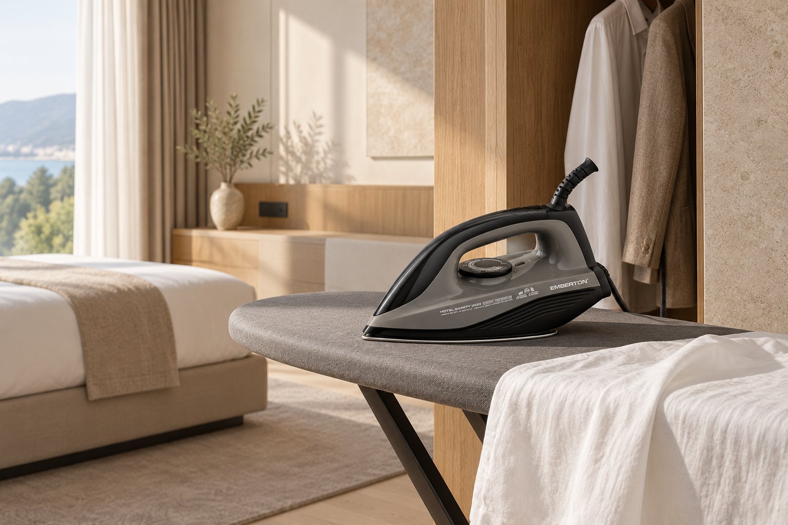 Emberton Yardley dry iron in a hotel room