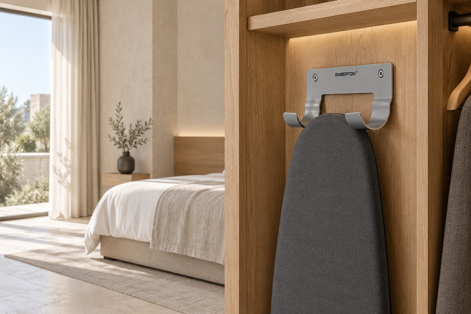 Emberton Hyde wall bracket with ironing board, in a hotel room