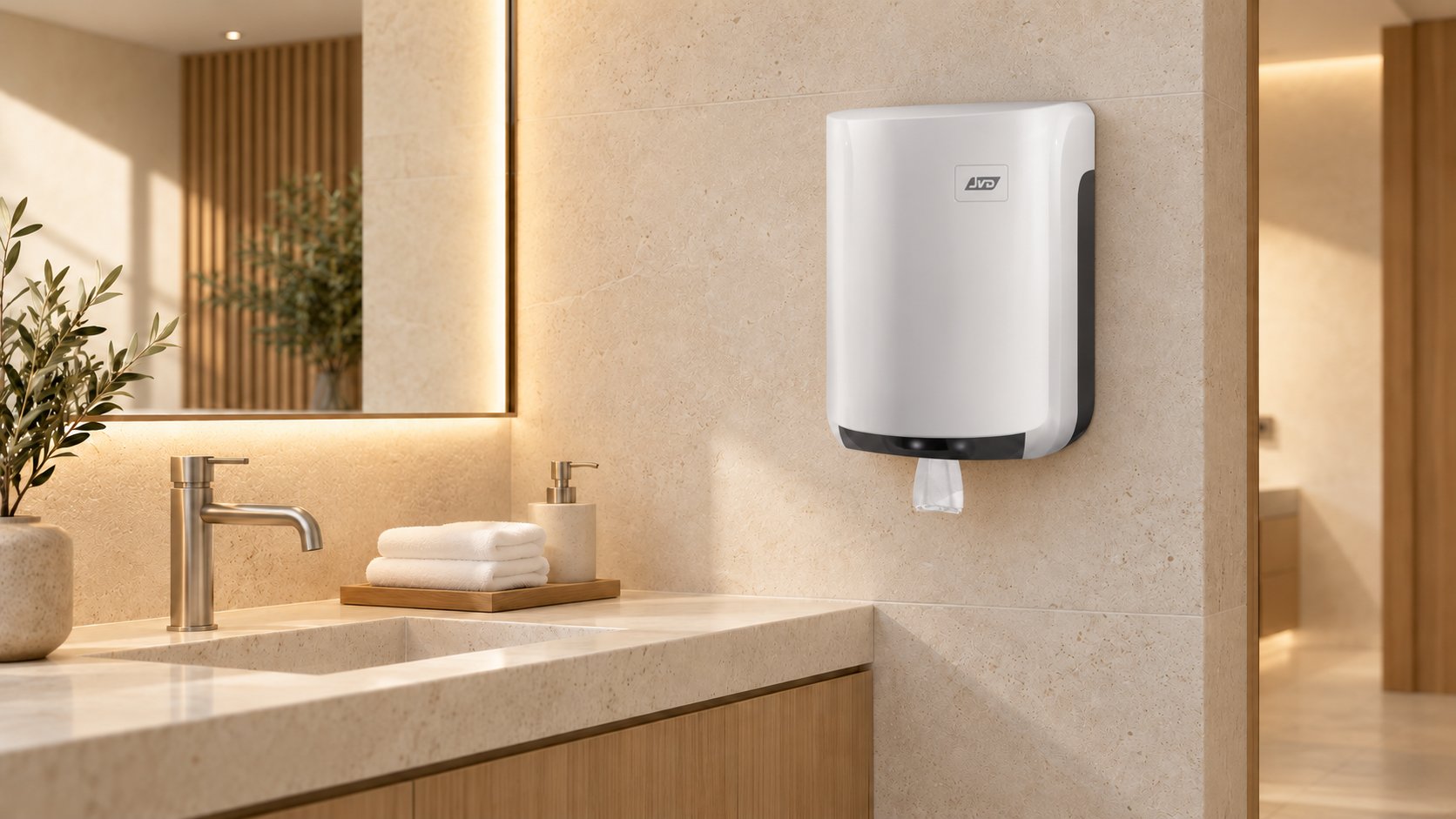 JVD Cleanline Maxi large paper dispenser in a hotel bathroom