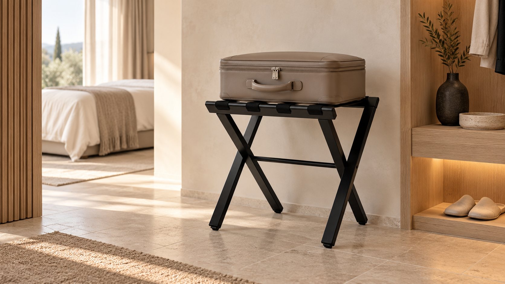 ROOOTZ Classic Wood Black wooden luggage rack in a hotel room