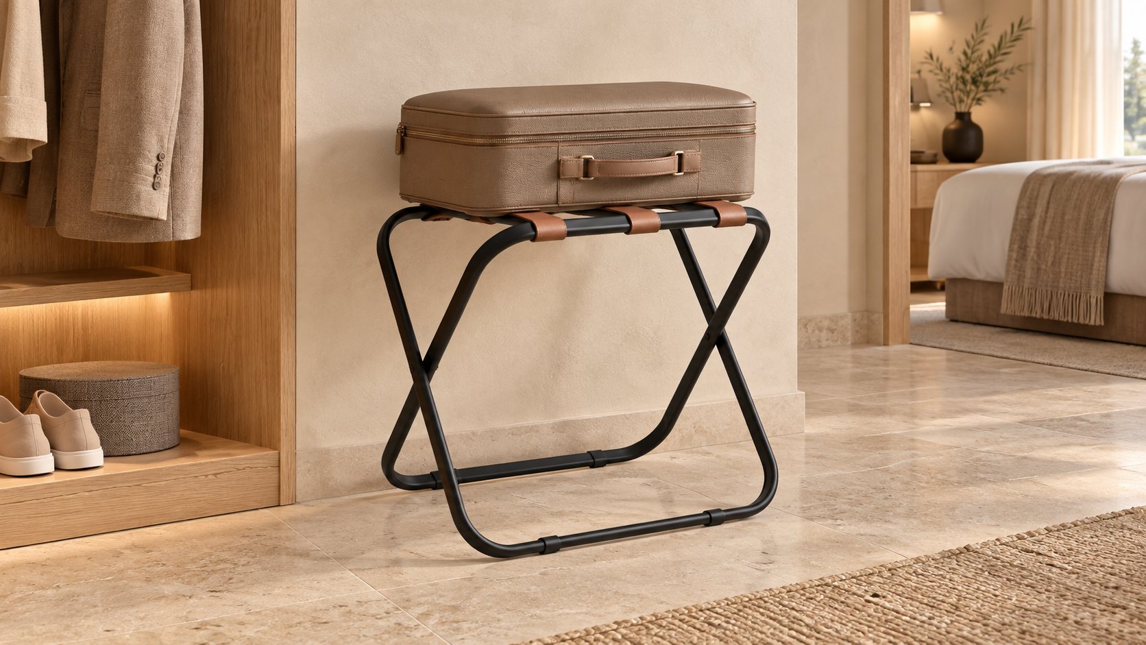 ROOOTZ Traveler‑Sixx luggage rack in a hotel room
