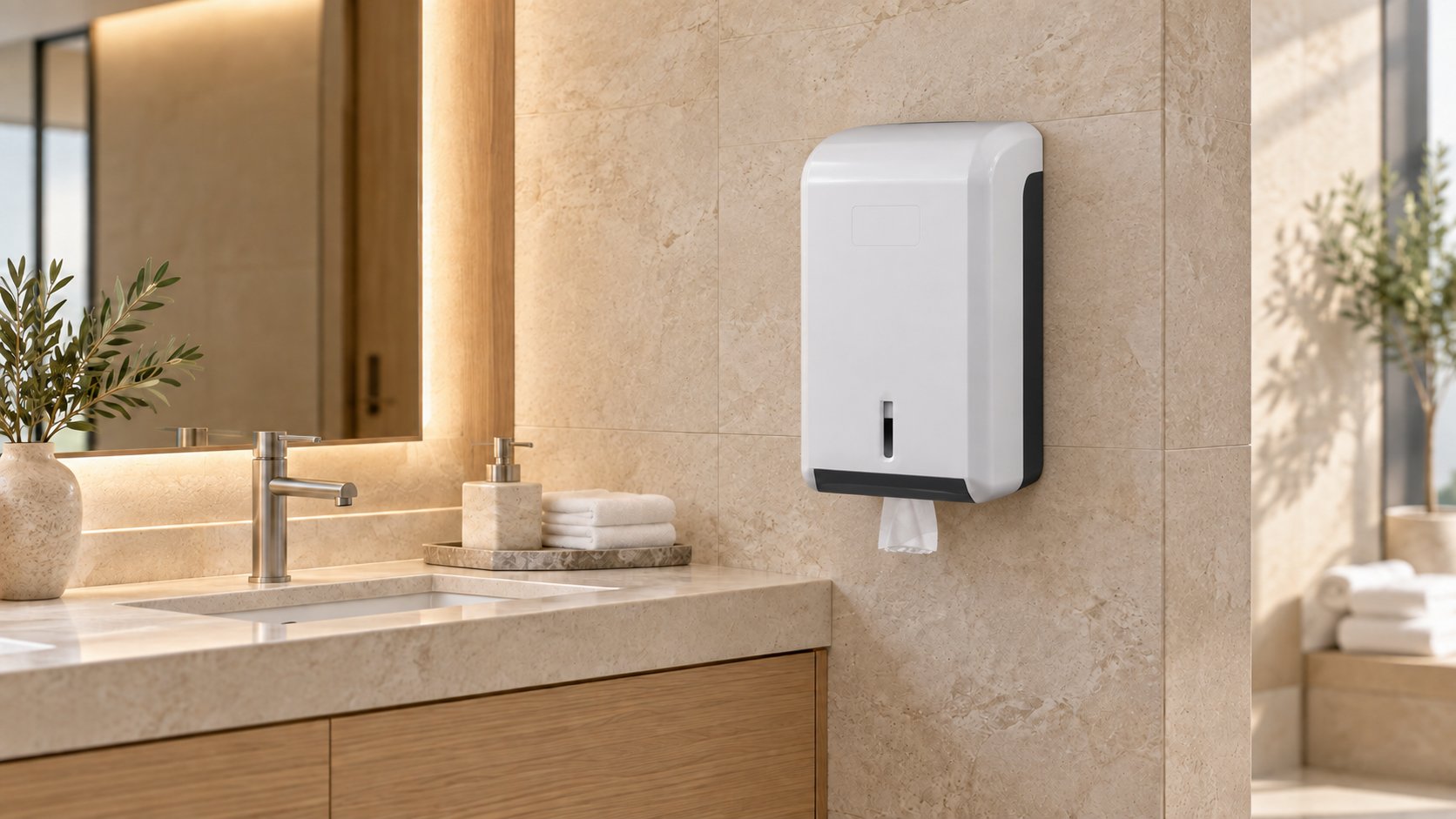 JVD Cleanline Mini small paper dispenser in a hotel bathroom