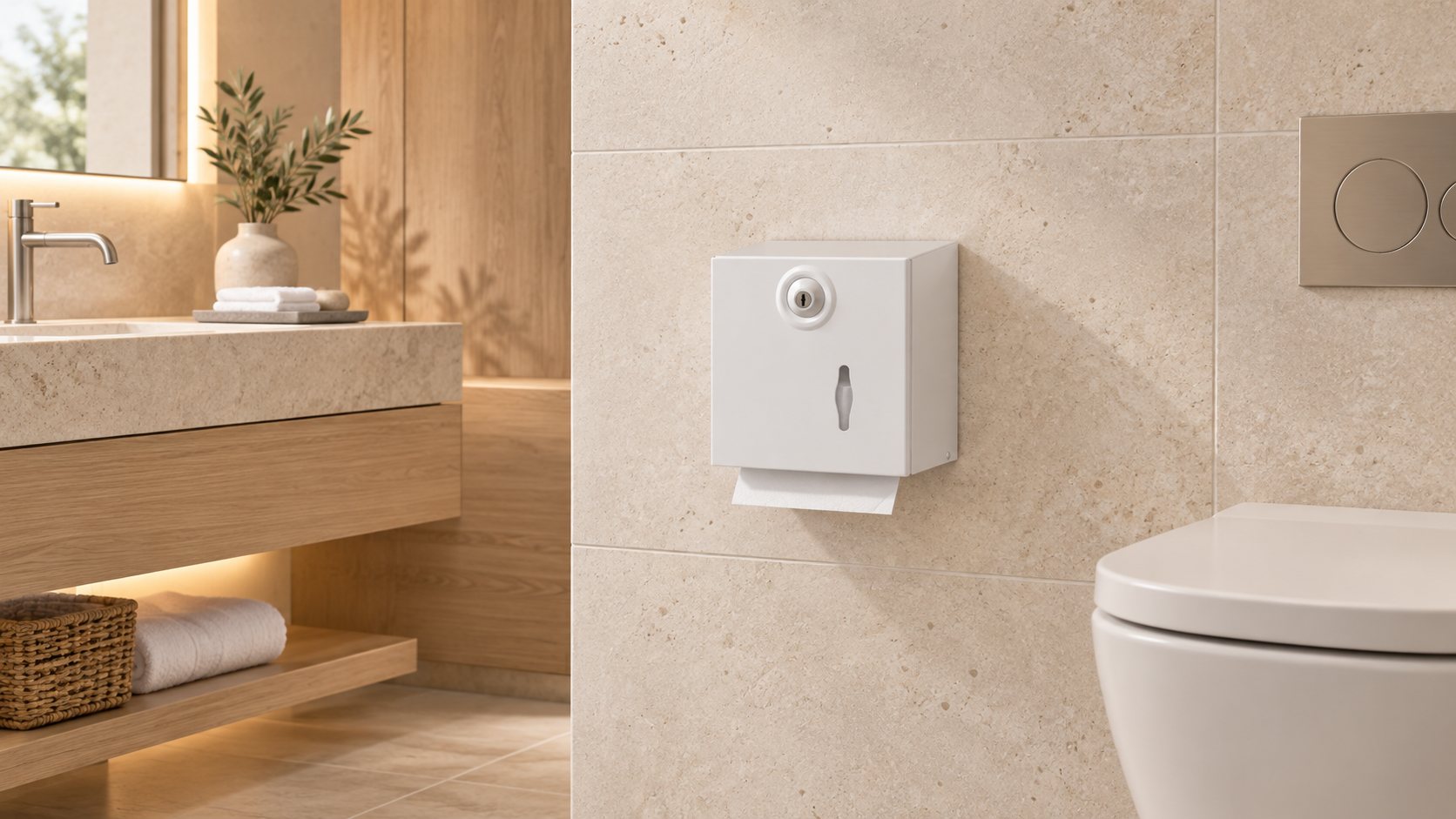 JVD PH Mixte metal paper dispenser in a hotel bathroom