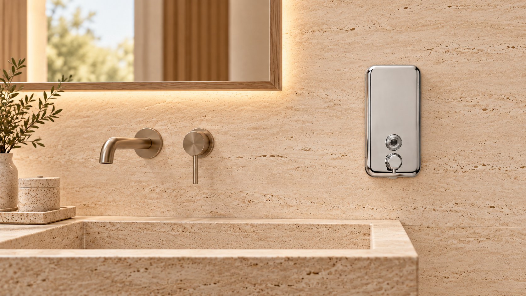 JVD Savinox anti-theft soap dispenser in a hotel bathroom