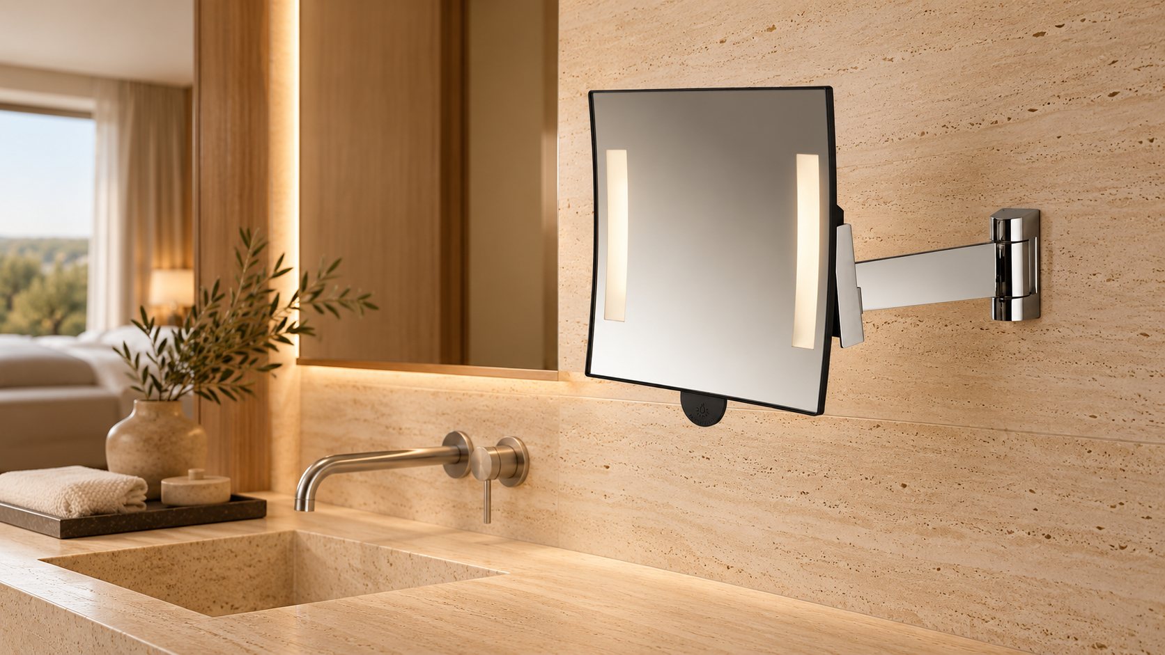 JVD Galaxy illuminated magnifying mirror in a hotel bathroom