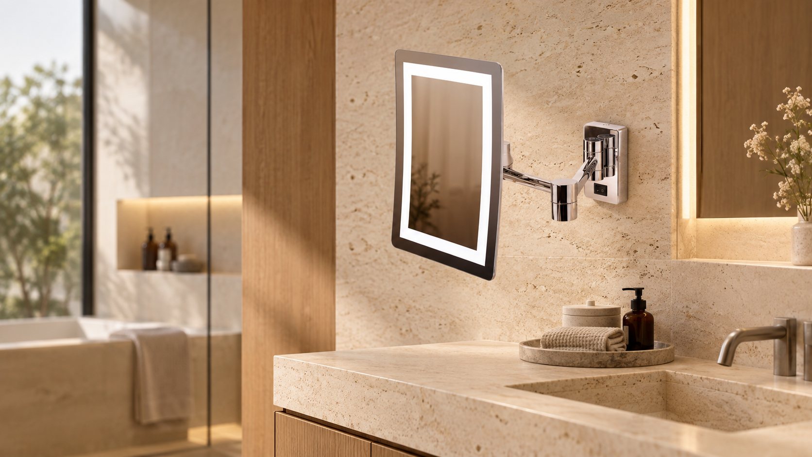 HS 59 wall-mounted mirror with LED light in a hotel bathroom