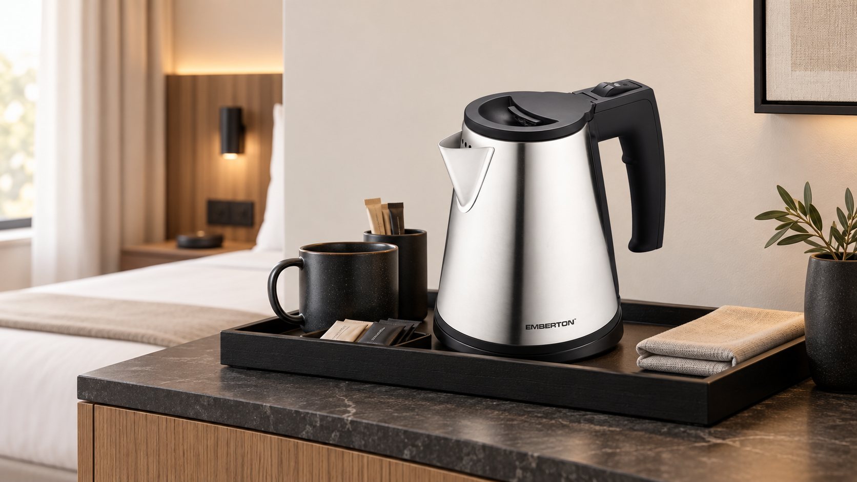 Emberton Malvern 0.5-litre kettle in a hotel room