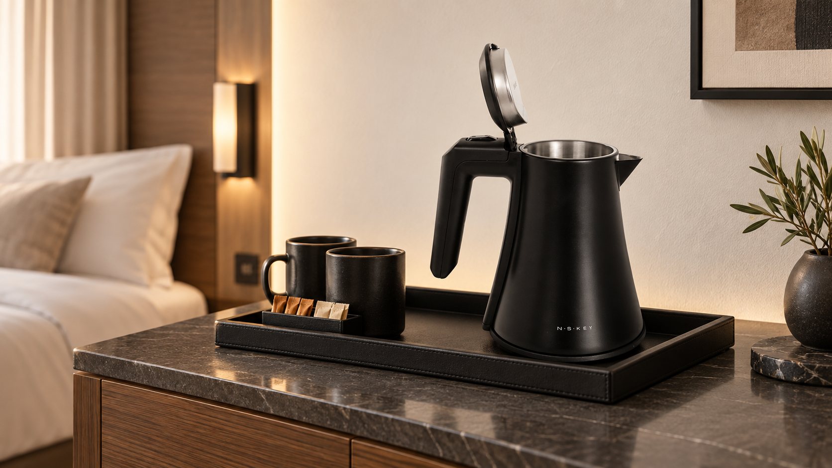 NSKEY NS‑KE 1208 0.8-litre kettle in a hotel room