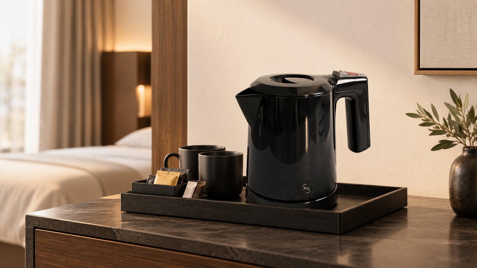 JVD Sunlight electric kettle in a hotel room