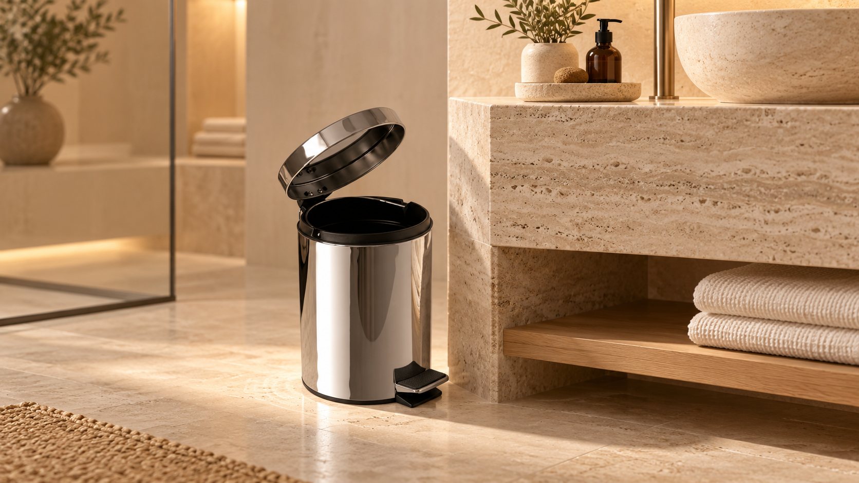 Round pedal waste bin JVD Pedal Bin in a hotel setting