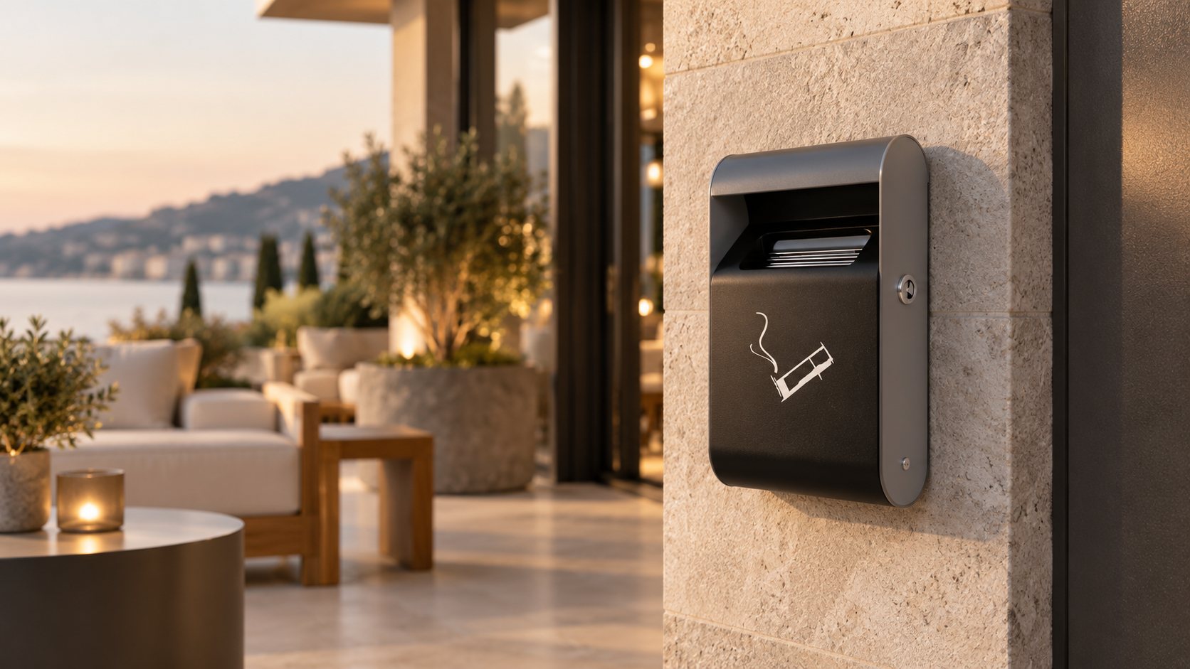 Rectangular wall-mounted ashtray JVD Wall Ashtray in an outdoor hotel area