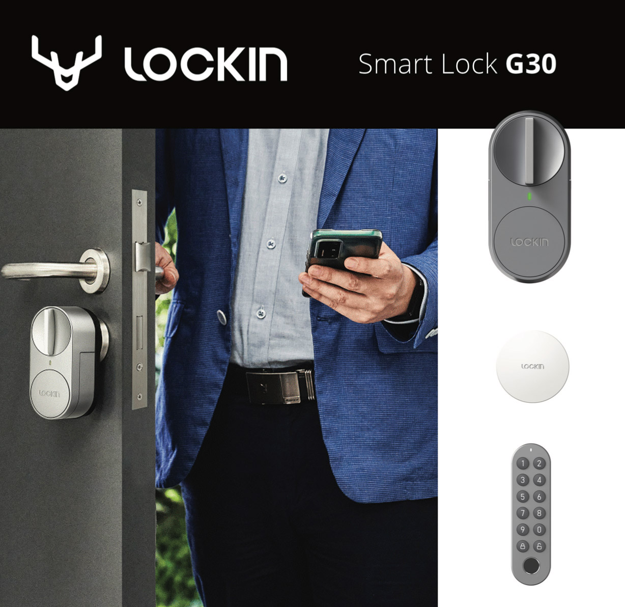Lockin Smart Lock G30: the lock, the keypad and a guest at the door with their phone