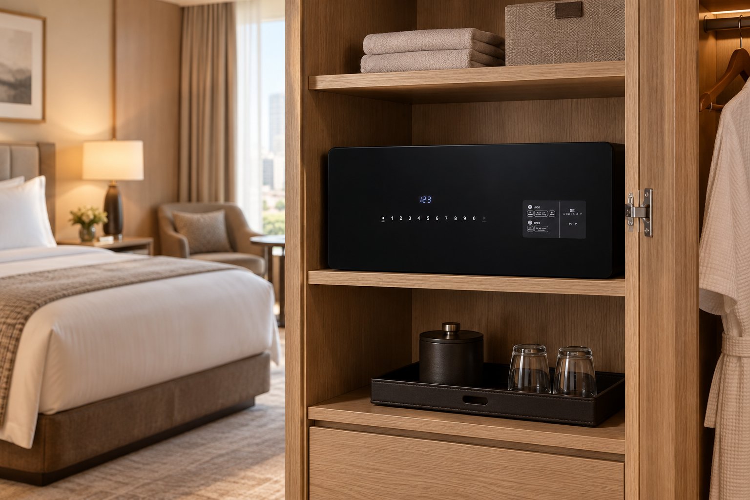 Nskey NS Dot DR safe with black glass in a hotel room wardrobe
