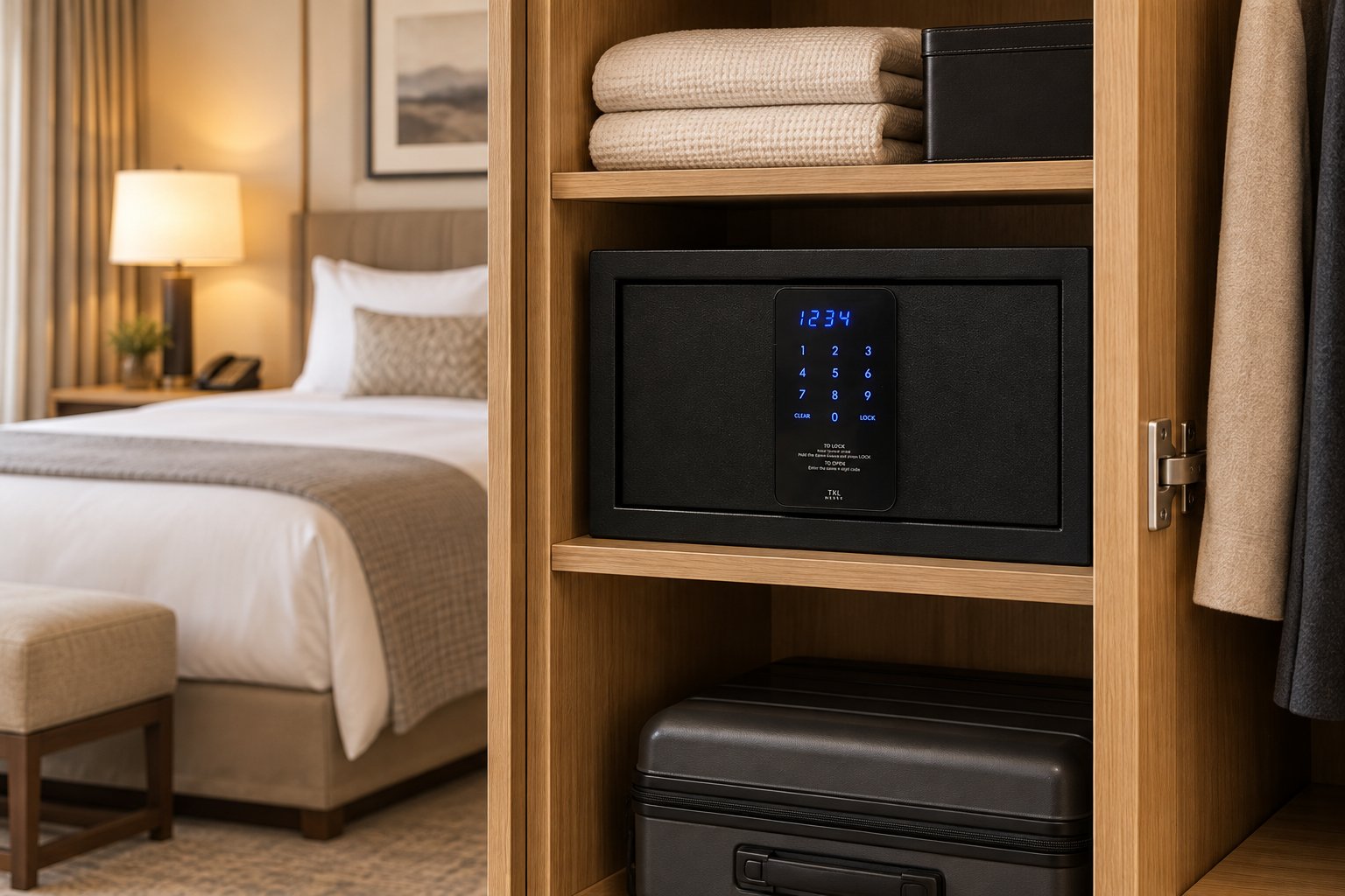 Nskey TKL RFID safe in a hotel room wardrobe