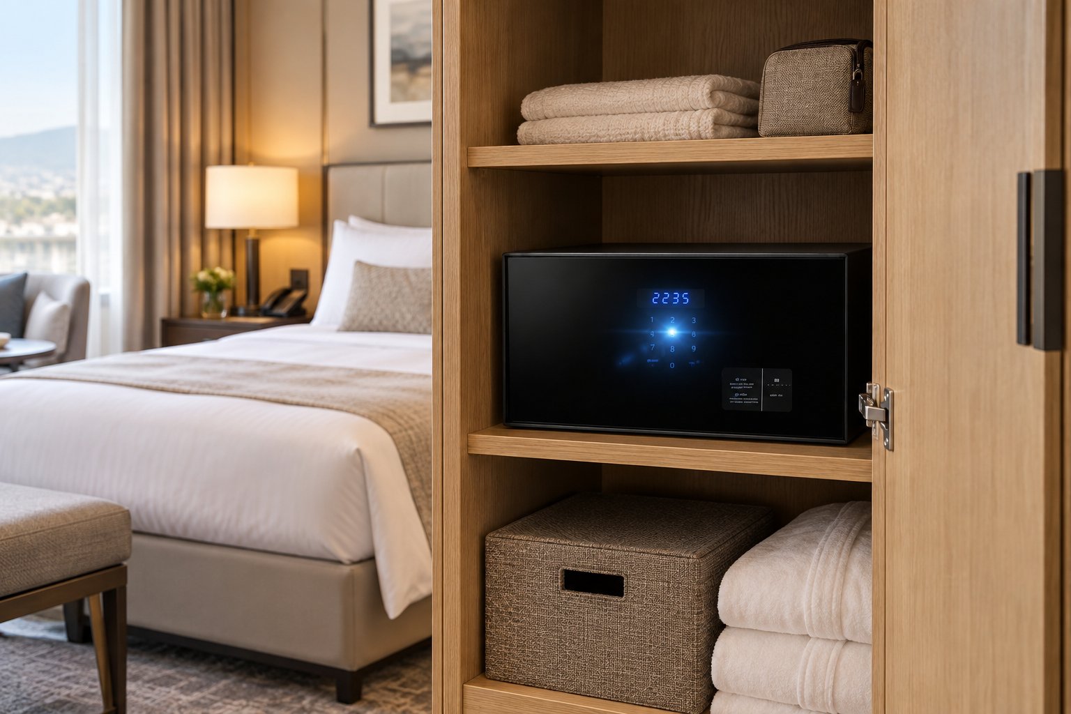 NSKEY SOG 26 safe with a glass door in a hotel room wardrobe