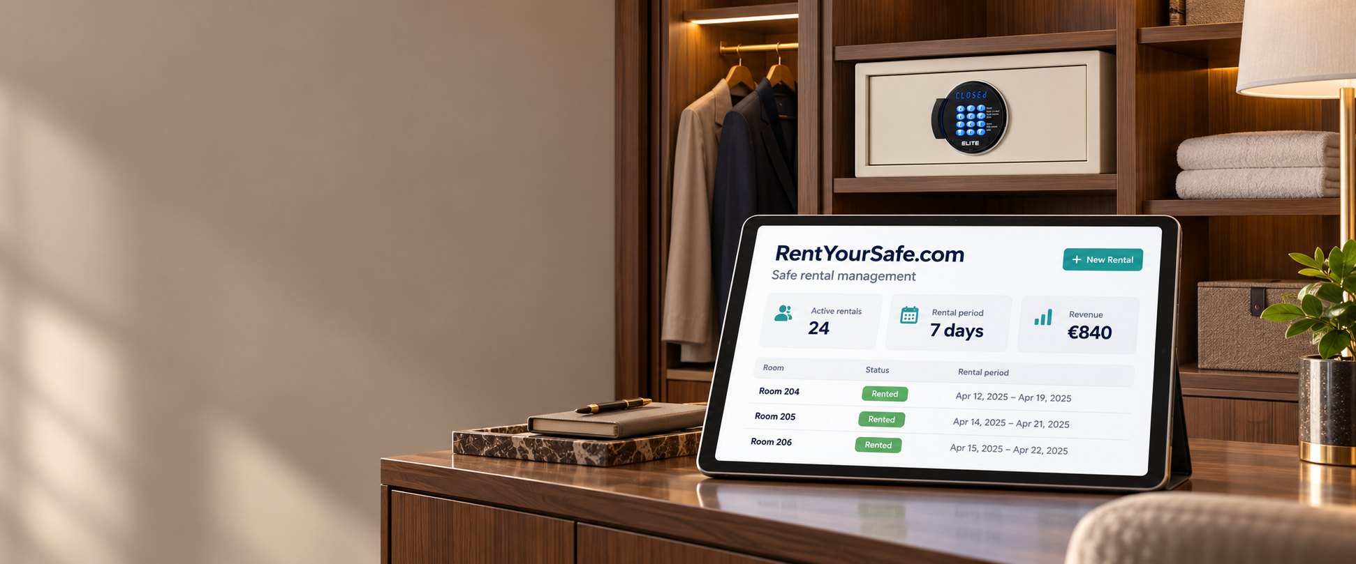 ELITE safe in a hotel wardrobe and a tablet with RentYourSafe.com rental management