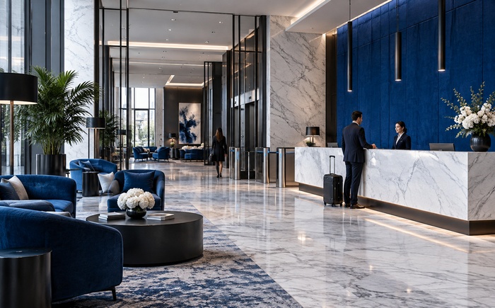 Reception and lounge in a hotel lobby