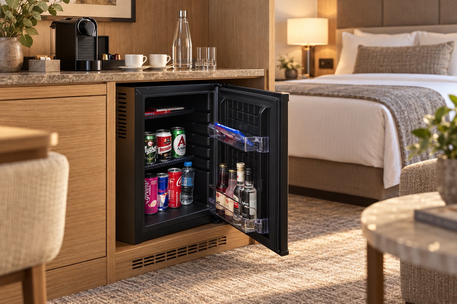 Black NSKEY SH-40AFBL thermoelectric minibar in a hotel room