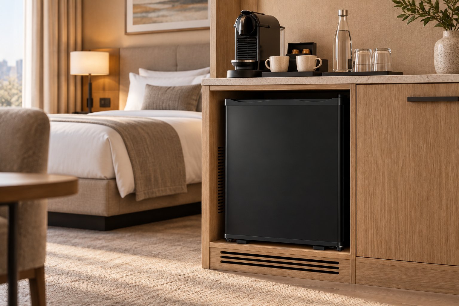 Black NSKEY TH-33BB FUN thermoelectric minibar in a hotel room
