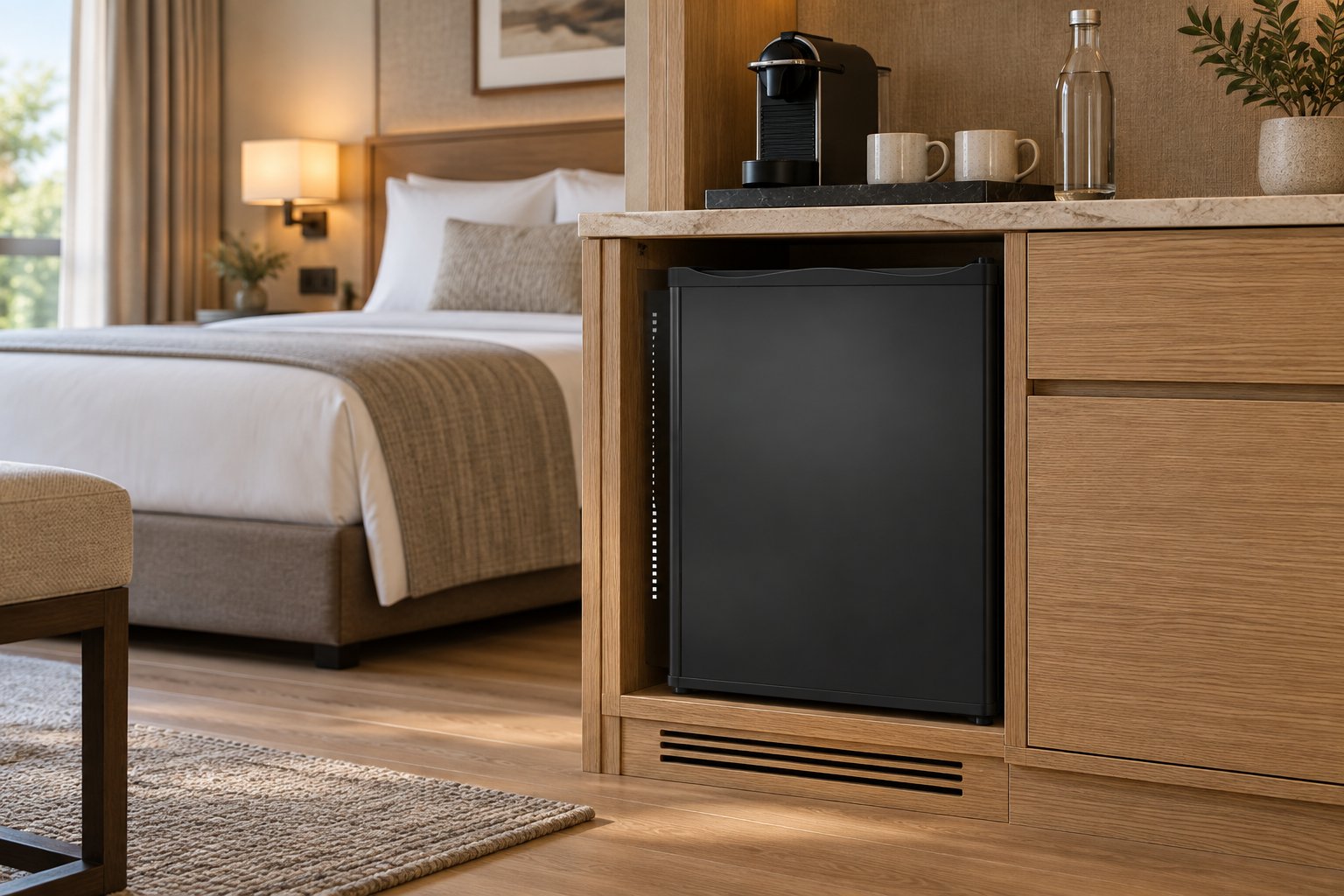 Black NSKEY TH-30BB thermoelectric minibar in a hotel room