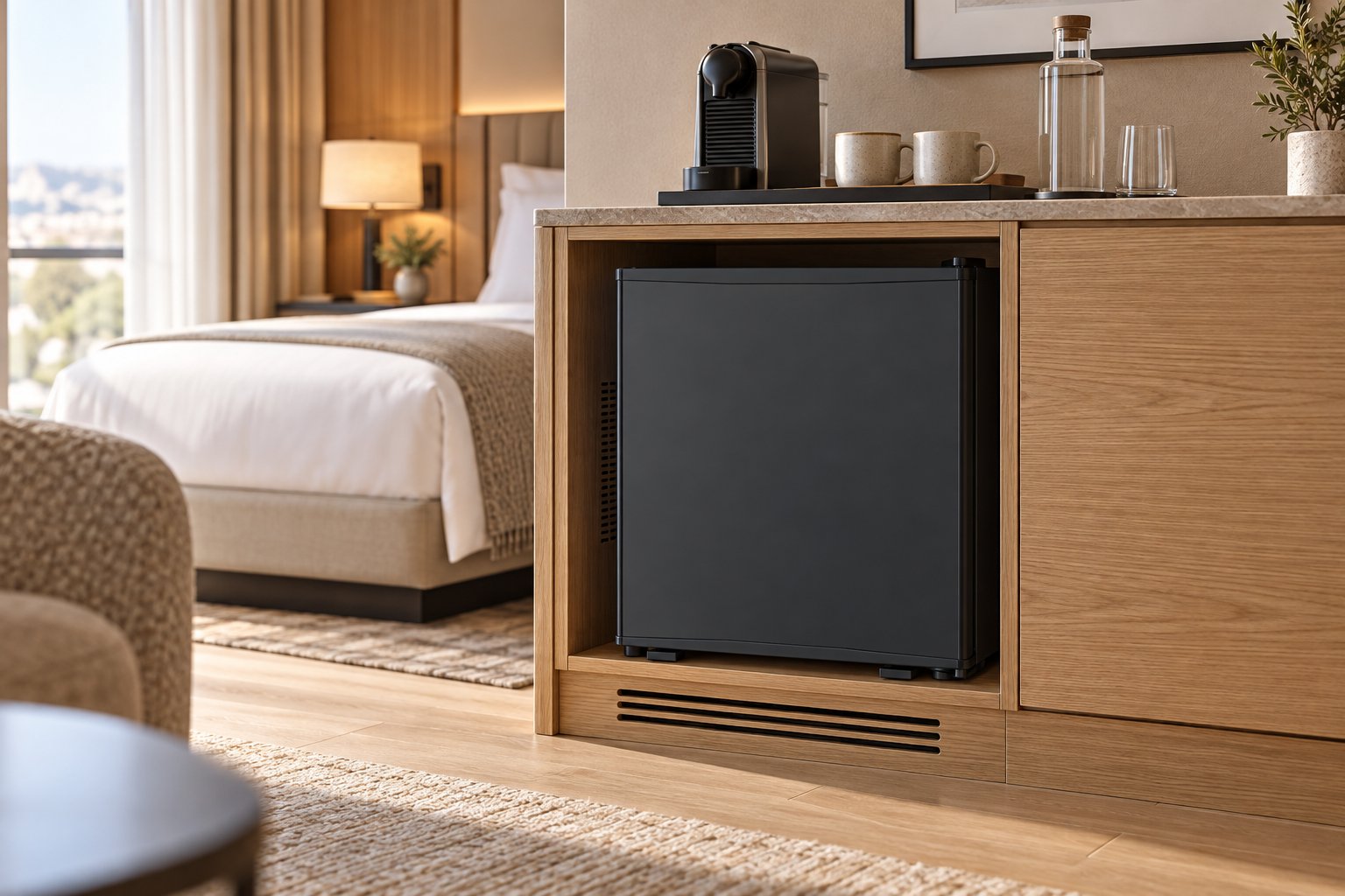 Black NSKEY TH-47BB FUN thermoelectric minibar in a hotel room