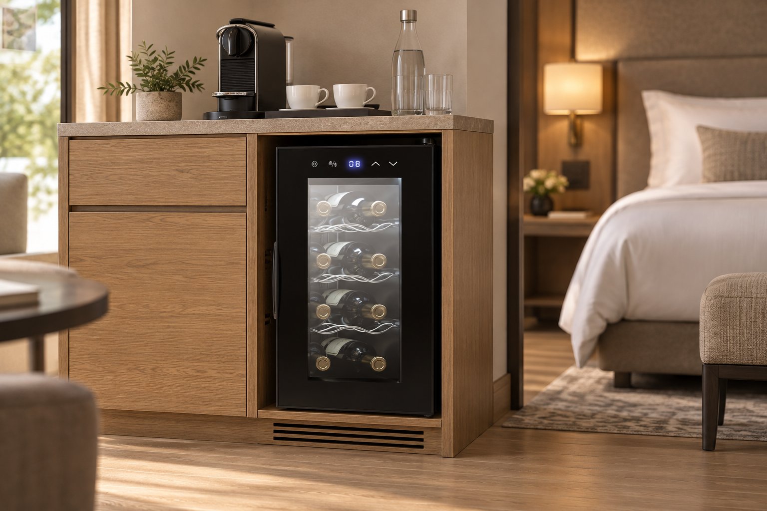 NSKEY TH-26A thermoelectric wine minibar with a glass door in a hotel room