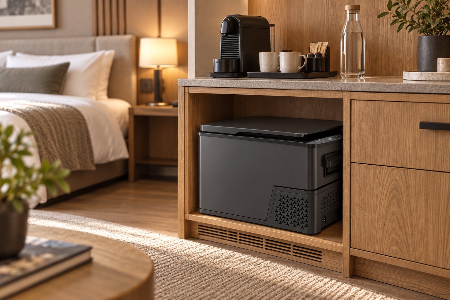 NSKEY CMB CF-30S compressor car fridge in a hotel room
