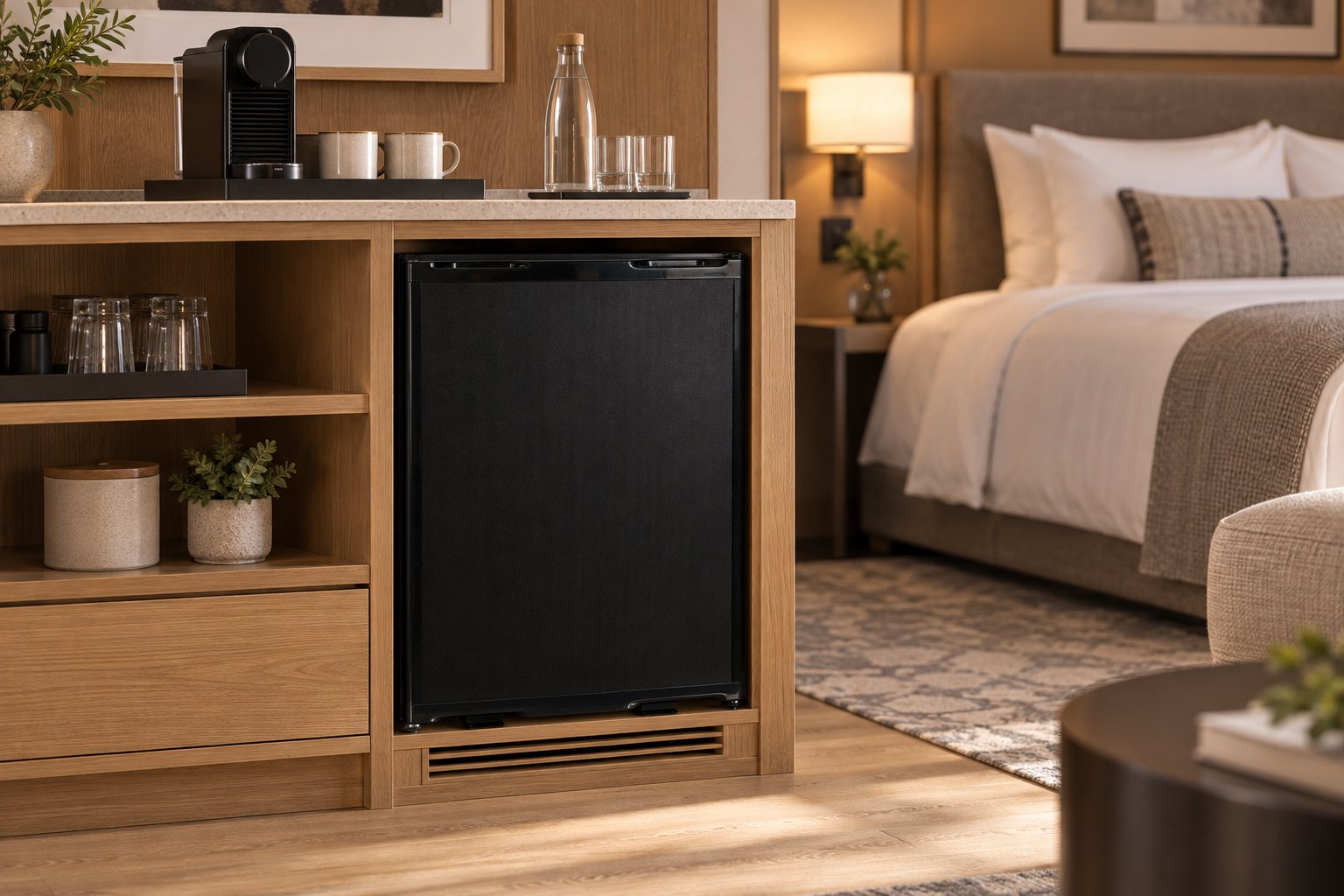 NSKEY Break MB 271th thermoelectric minibar in a hotel room