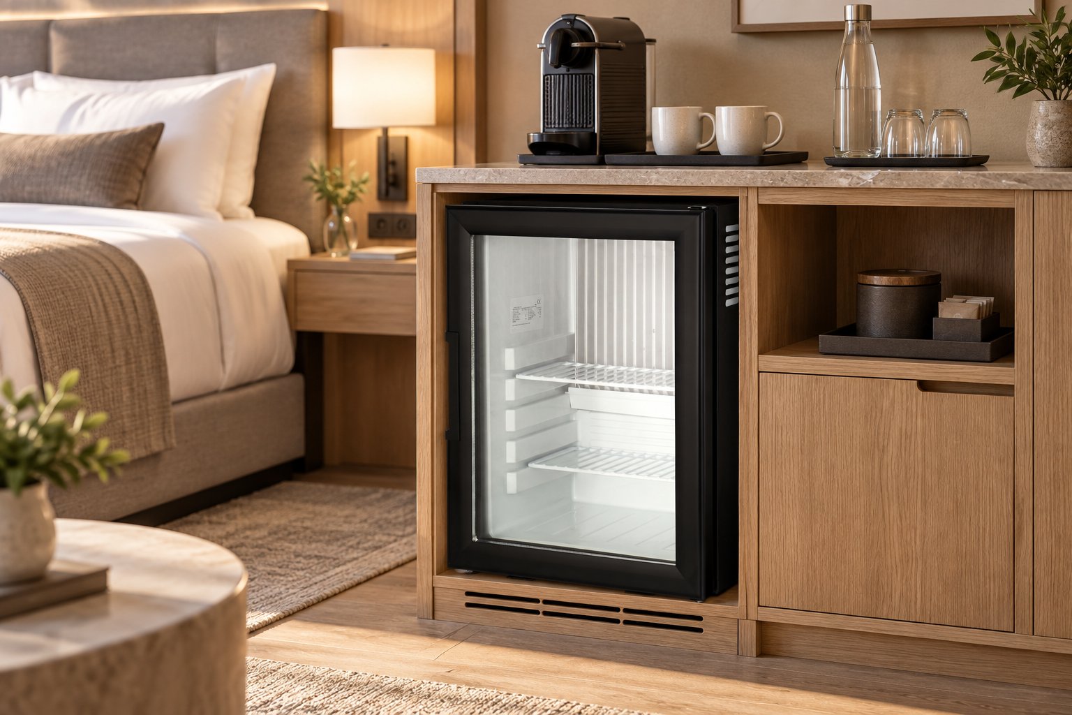 NSKEY Break MB 271th thermoelectric minibar with a glass door in a hotel room