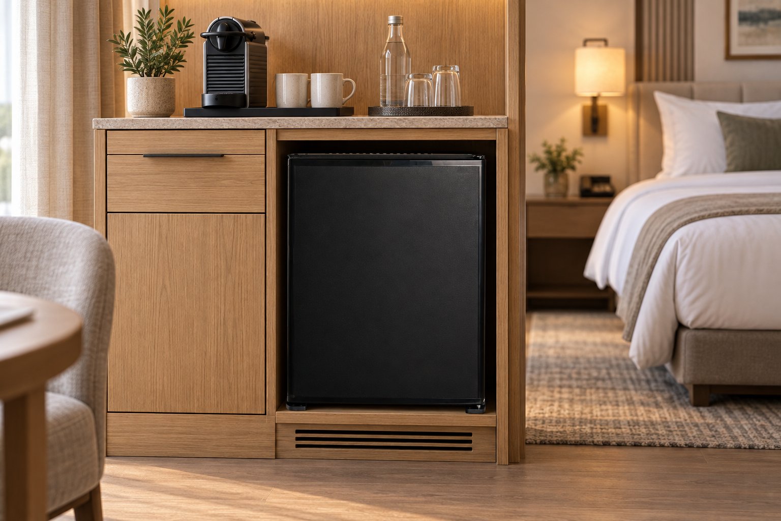 NSKEY Break MB 301th thermoelectric minibar in a hotel room
