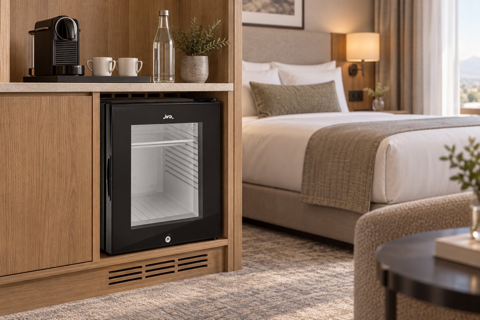 JVD TA 30L minibar with a glass door in a hotel room