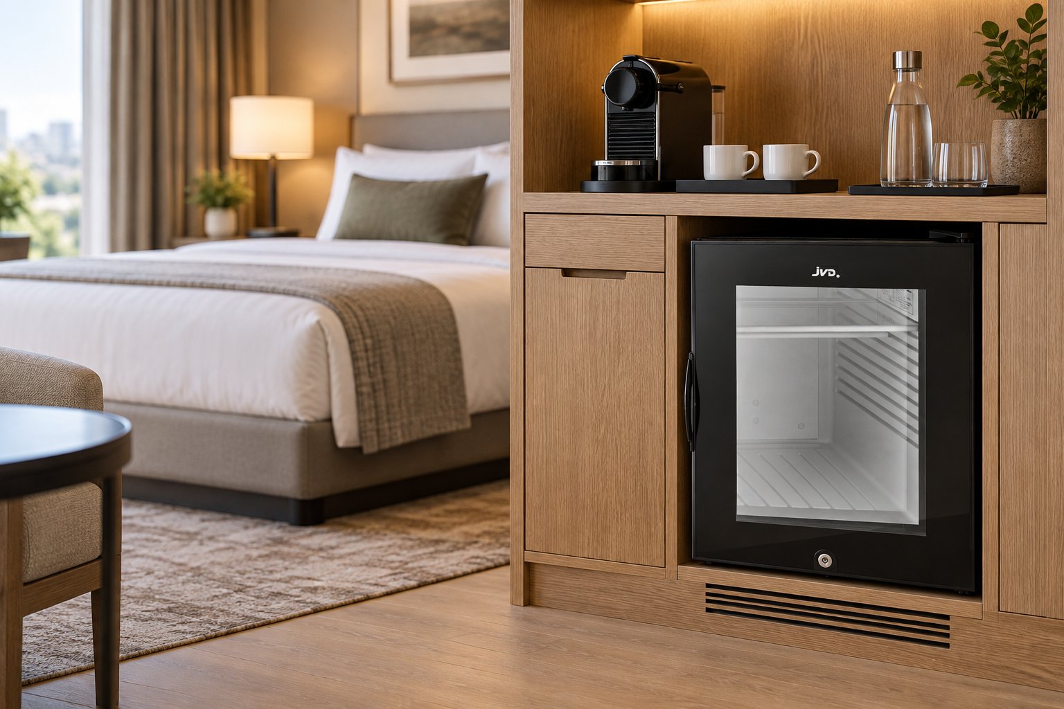 JVD TA 40L minibar with a glass door in a hotel room