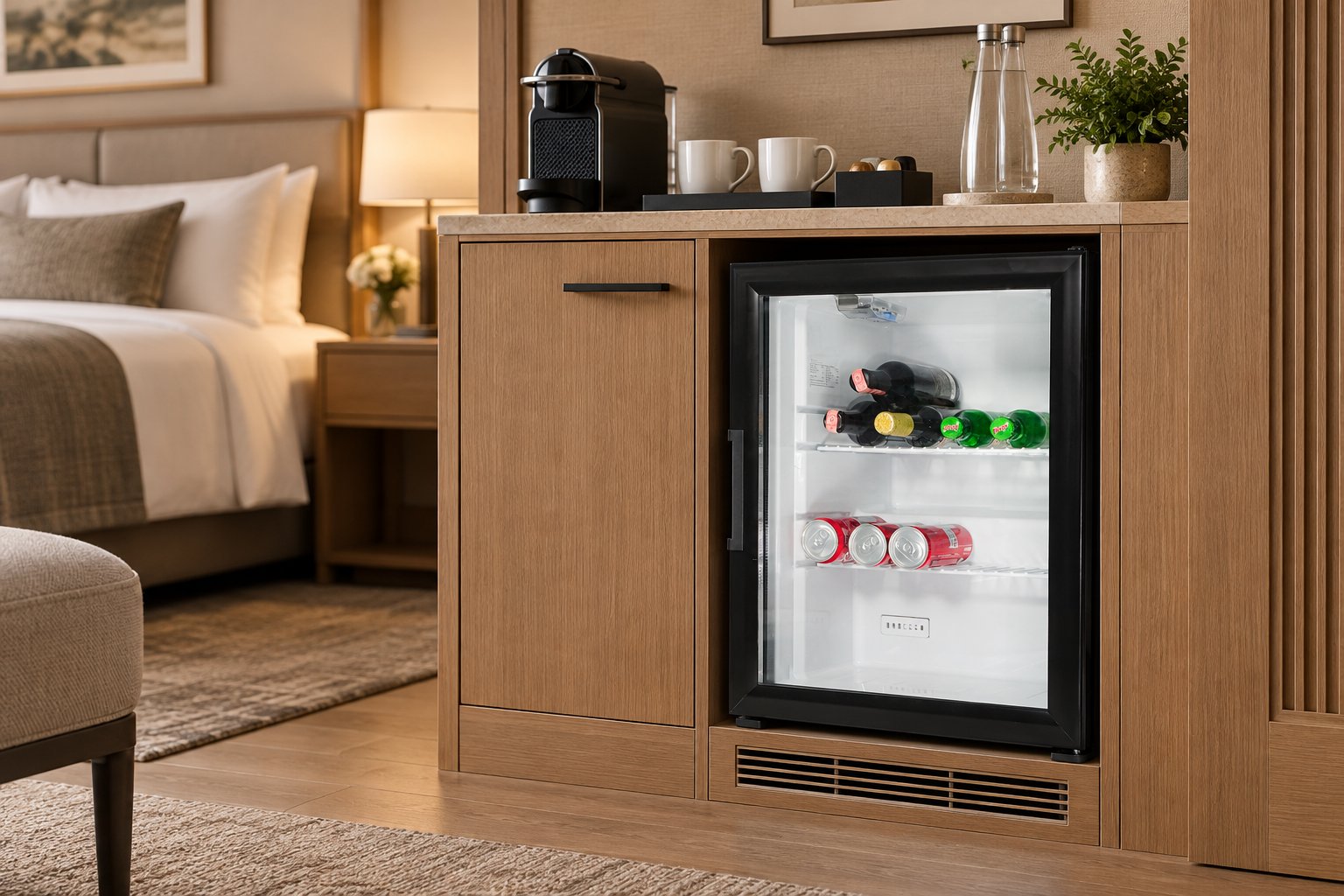 NSKEY Break MB SM 45Gi minibar with a glass door in a hotel room